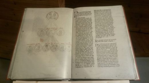 Aufgeschlagenes, mittelalterliches Buch. Links ein Stammbaum, rechts Text.